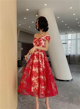 Picture of Red Color Lace Off Shoulder Tea Length Bridesmaid Dresses, Lace Party Dresses Prom Dresses